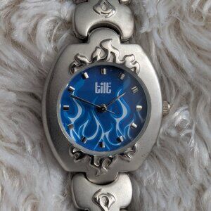 Tilt 27 mm Silver-Tone Ladies Quartz Watch – Matte Finish, Blue Flames